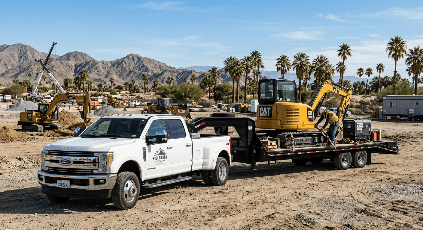 D&D Hauling fleet - white Ford truck with gooseneck trailer loading equipment in California